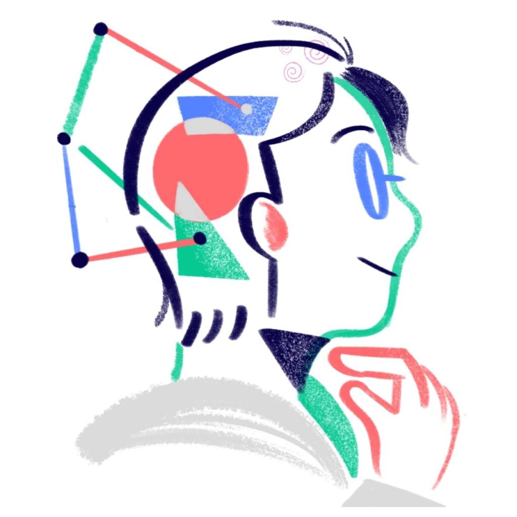 Abstract illustration of a person wearing headphones and glasses, with colorful geometric shapes surrounding the head.